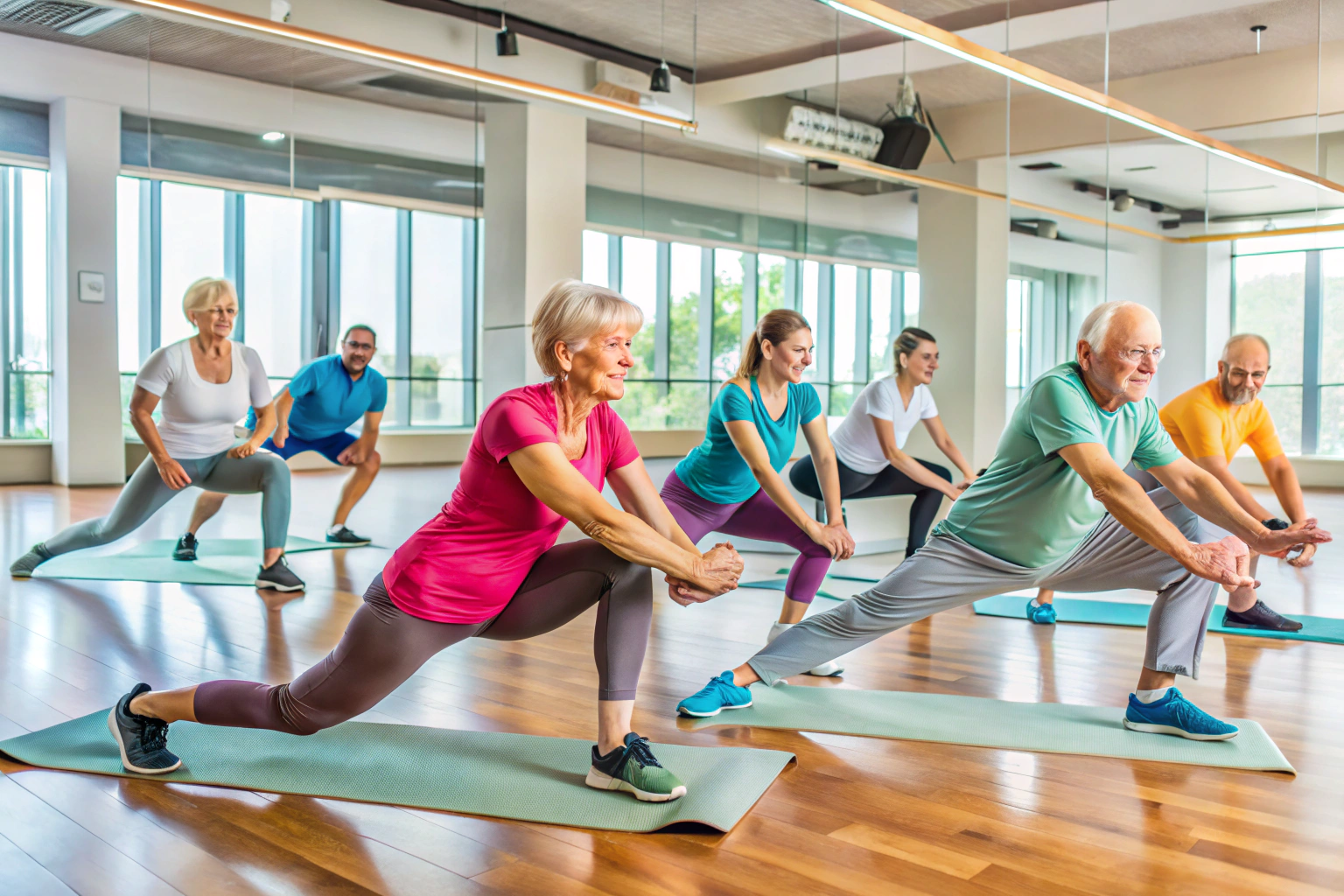 Un grupo de entrenadores de gimnasia realizando ejercicios de estiramiento en una sala espaciosa con espejos, mostrando diversidad en edad y género, en un ambiente cálido y profesional sin elementos de marca