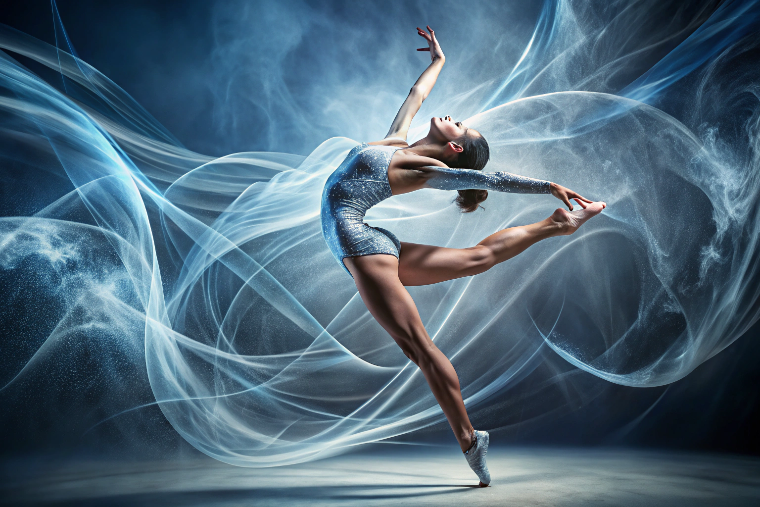 Una representación abstracta de un gimnasta en movimiento, con líneas fluidas que sugieren elegancia y fuerza, sobre un fondo difuso en tonos azules y grises
