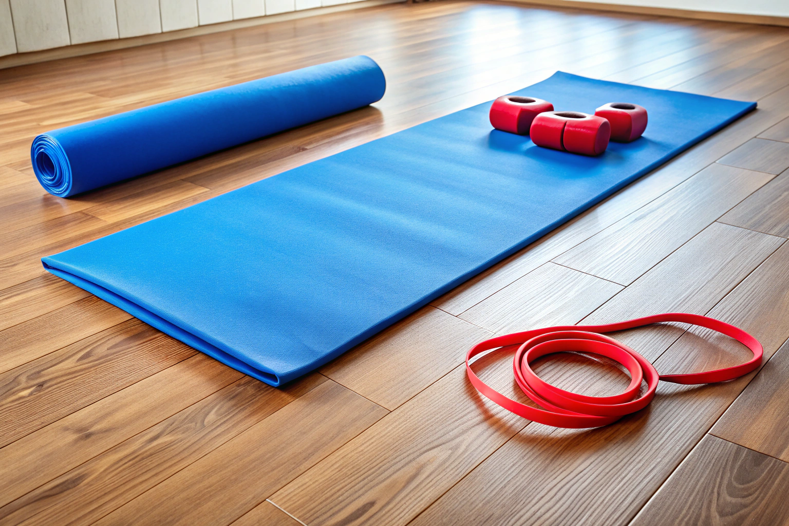 Una colchoneta de gimnasia azul extendida en un suelo de madera clara, con una banda elástica roja y unos pequeños bloques de espuma cerca, en una habitación bien iluminada sin marcas o texto